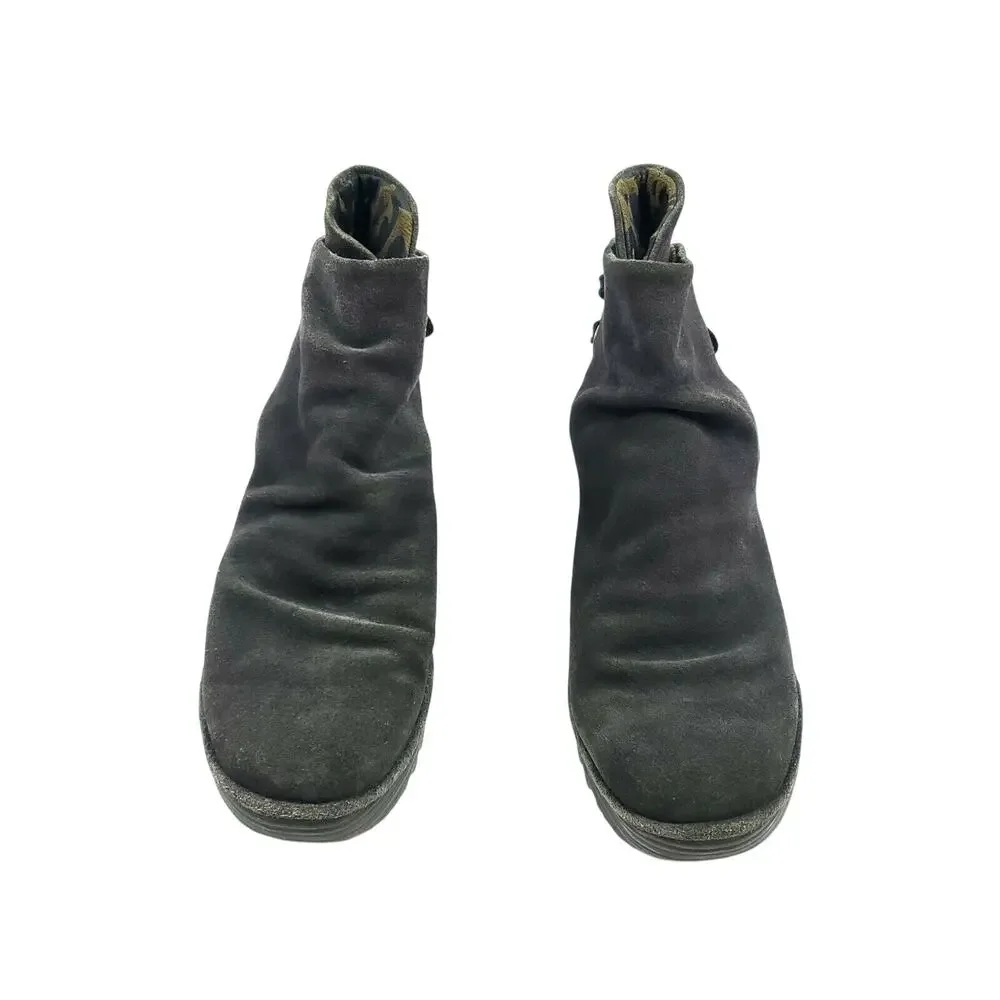 Fly London Yama Booties EU 37 Gray Suede Leather Lace Up Ankle Wedge Boots